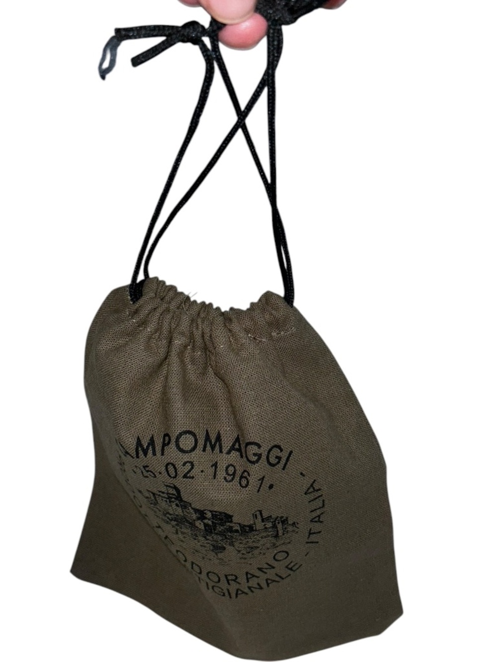 Campomaggi rich olive khaki cotton black lettering drawstring wallet dust 6.5x7"